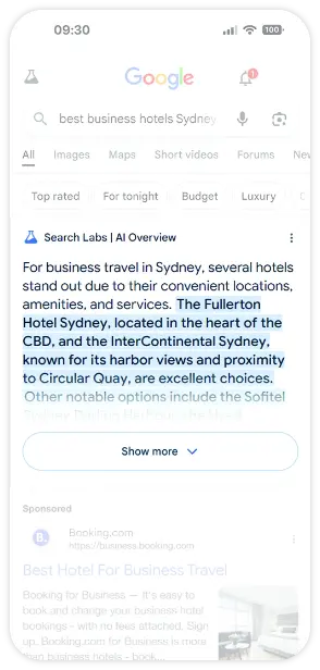 Google Search AI Overview hotels sydney